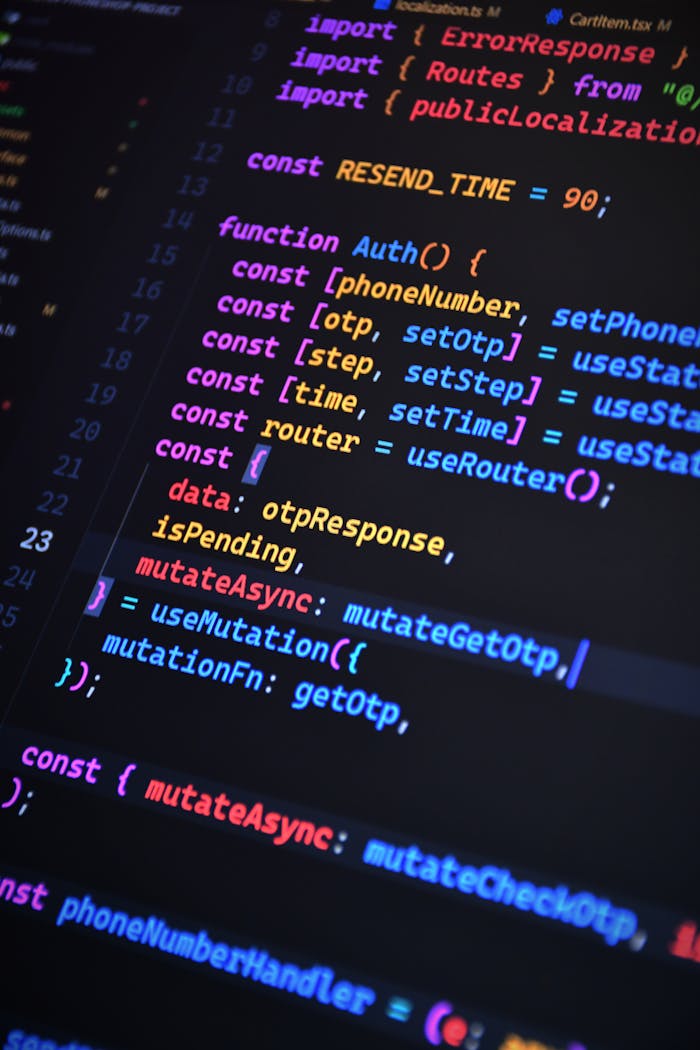 hero-img-02 Close-up of vibrant JavaScript code for web development with ReactJS and Tailwind CSS.