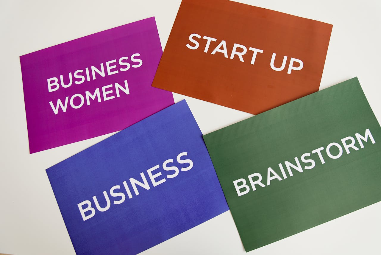 gallery-1 Colorful cards with business terms on a desk background.